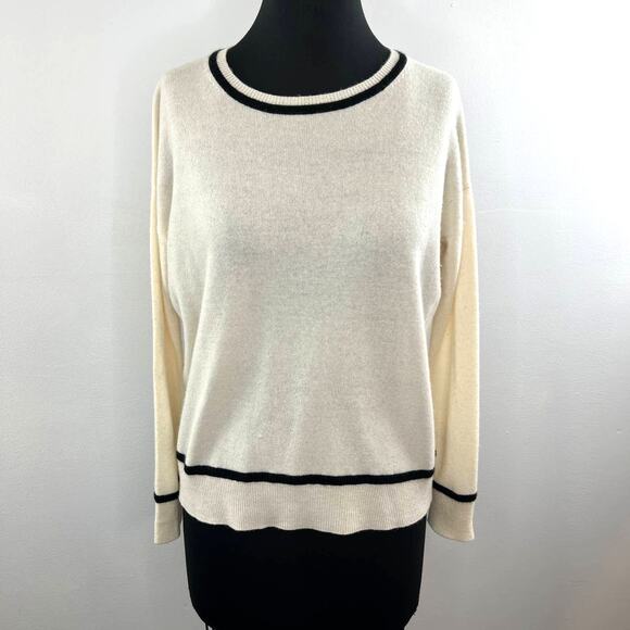 RACHEL ZOE Cashmere Knit Cream Sweater Black Stripe Trim Crew Pullover S Small - Picture 1 of 6